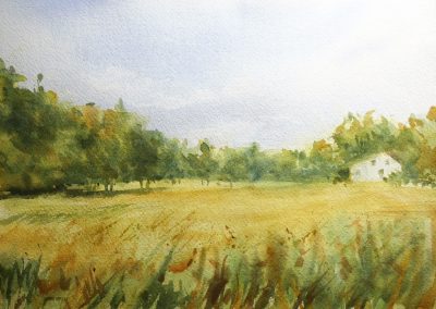 painting of a yellow field with small house