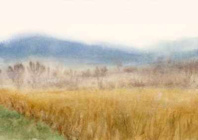 painting of mist over cornfields