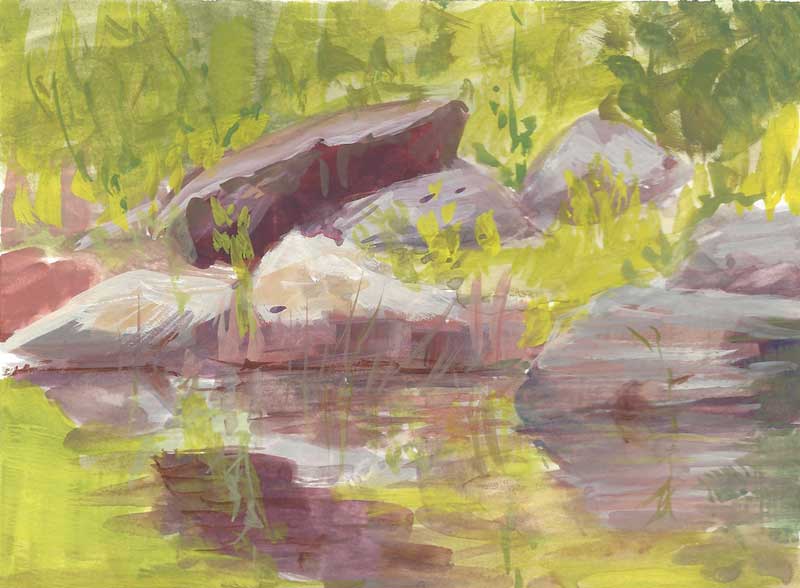 gouache field study of pondside rocks by Meryl Enerson