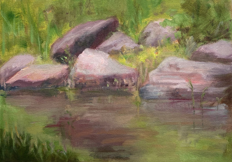 Oil painting of pondside rocks by Meryl Enerson