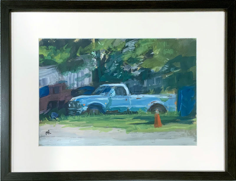 Framed image of gouache painting "Old Blue" by Meryl Enerson
