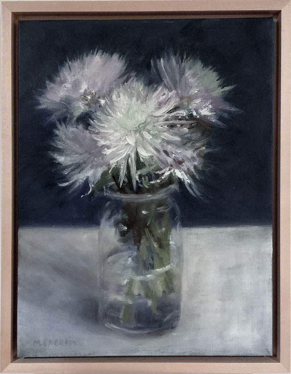 Framed image of oil painting "Spider Mums" by Meryl Enerson